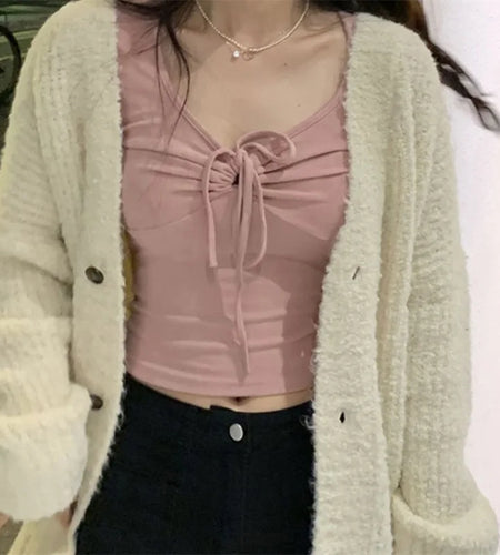 y2k Tops Women Aesthetic Clothing Solid Color V Neck Long Sleeve Cropped T Shirts 2000s Coquette Clothes Streetwear