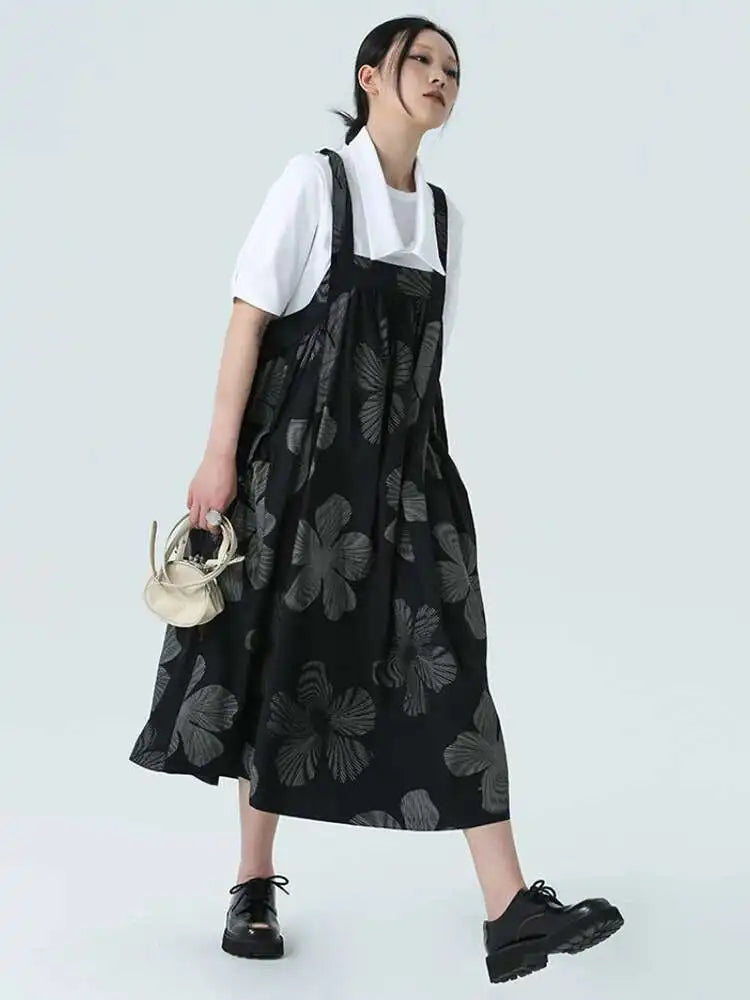 Women Black Pattern Printed Big Size Strap Dress New Square Collar Sleeveless Fashion Tide Spring Autumn 2025 1DH4956