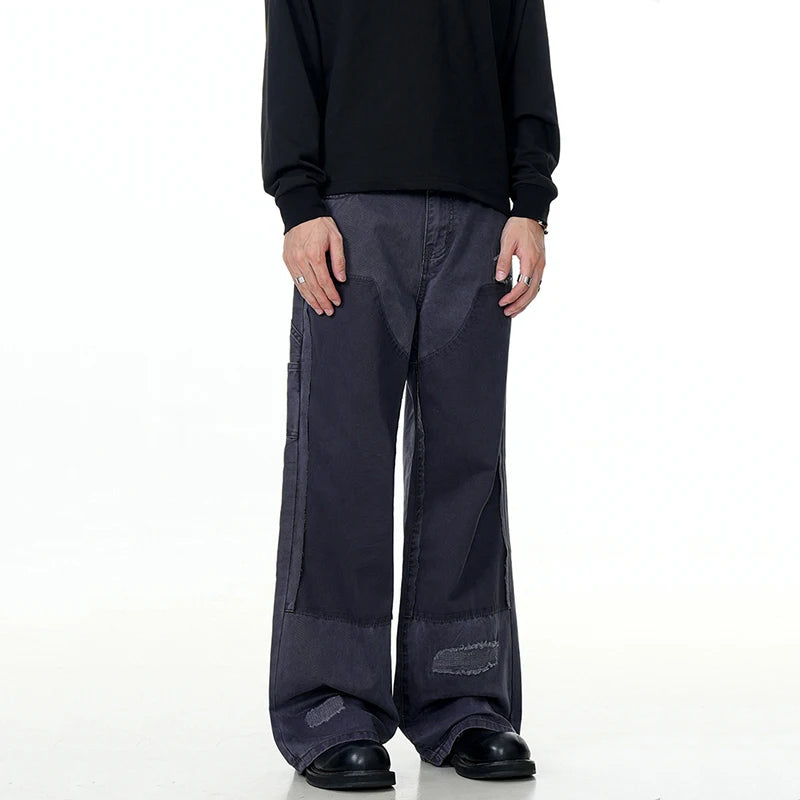 American Men's Cargo Jeans Straight Wide Leg Trendy Hole Solid Color Stylish Pockets Male Causal Bottoms Summer 9W1894