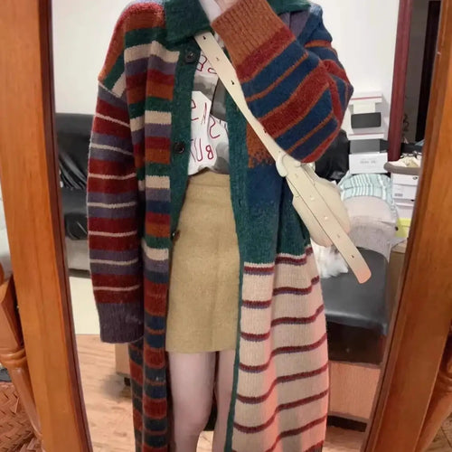 Load image into Gallery viewer, Japanese Oversize Grunge Casual Cardigans Y2k Aesthetic Contrast Color Stripe Coats Women Autumn Single Breasted Long Sweater
