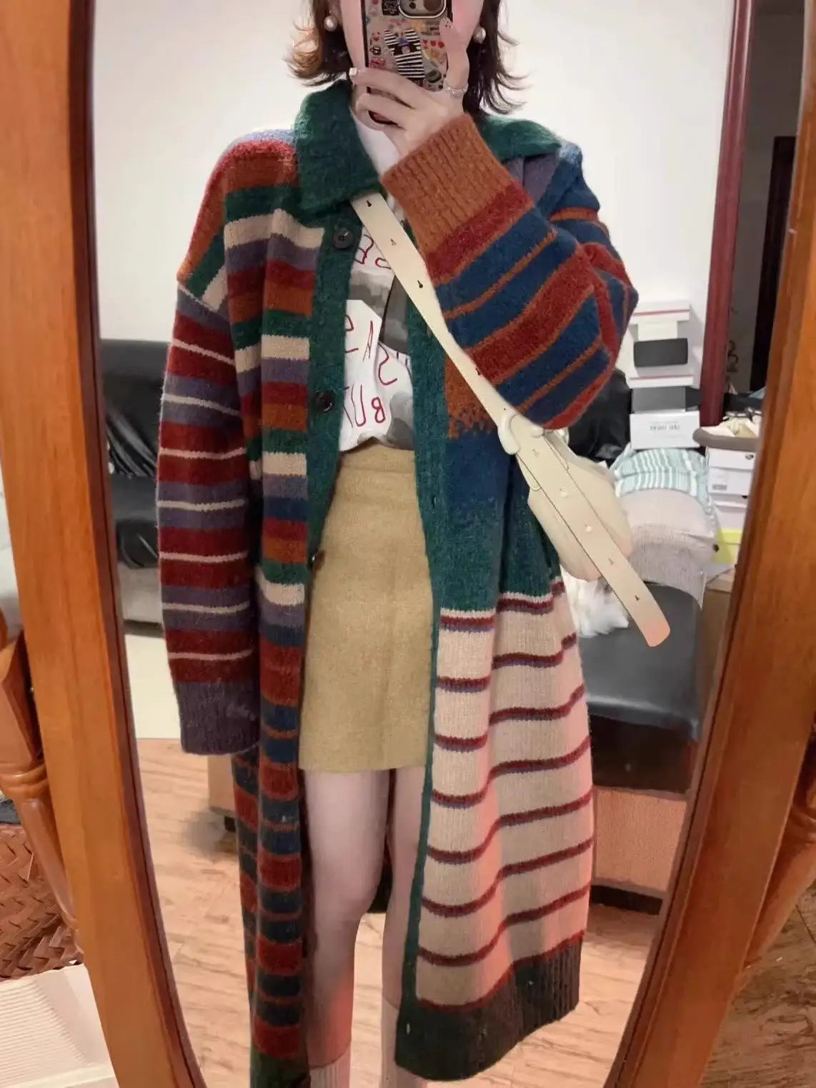 Japanese Oversize Grunge Casual Cardigans Y2k Aesthetic Contrast Color Stripe Coats Women Autumn Single Breasted Long Sweater