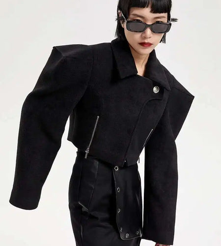 Loose Fit Black Shaped Elegant Short Woolen Coat Parkas New Long Sleeve Women Fashion Tide Autumn Winter 2025 17A1788