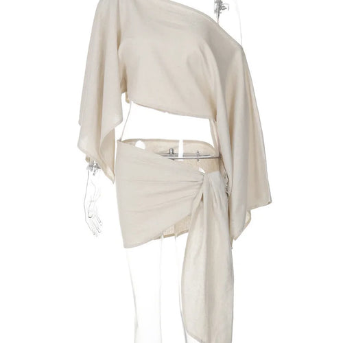 Load image into Gallery viewer, Sexy Skirt Two Piece Sets Women Skew Collar Cape Sleeve Crop Tops And Hot Skirt Matching Sets Sexy Beach Two Piece Set
