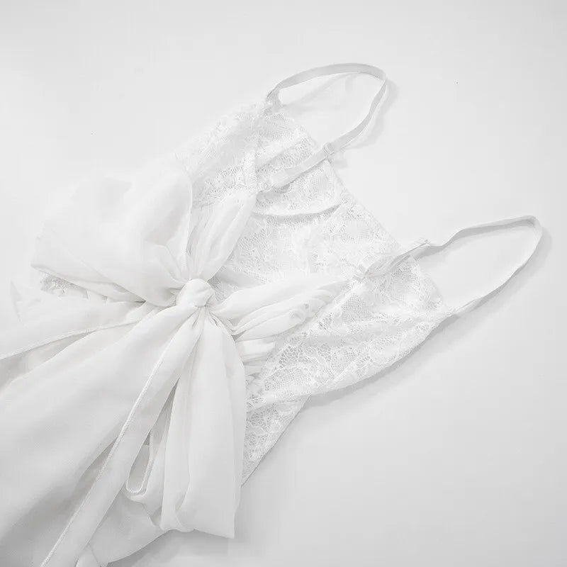 White Lace Sexy Two Piece Sets Woman Halter Top And Long Maxi Skirt Ladies Fashion Sheer Mesh Elegant Matching Sets