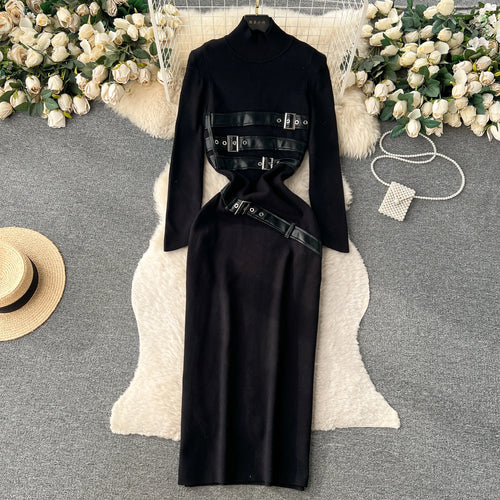 Load image into Gallery viewer, Women Beige Workwear Style Design Knit Dress Autumn Winter 2023 New Casual Half High Collar Black Pullover Office Lady Dress Y2k
