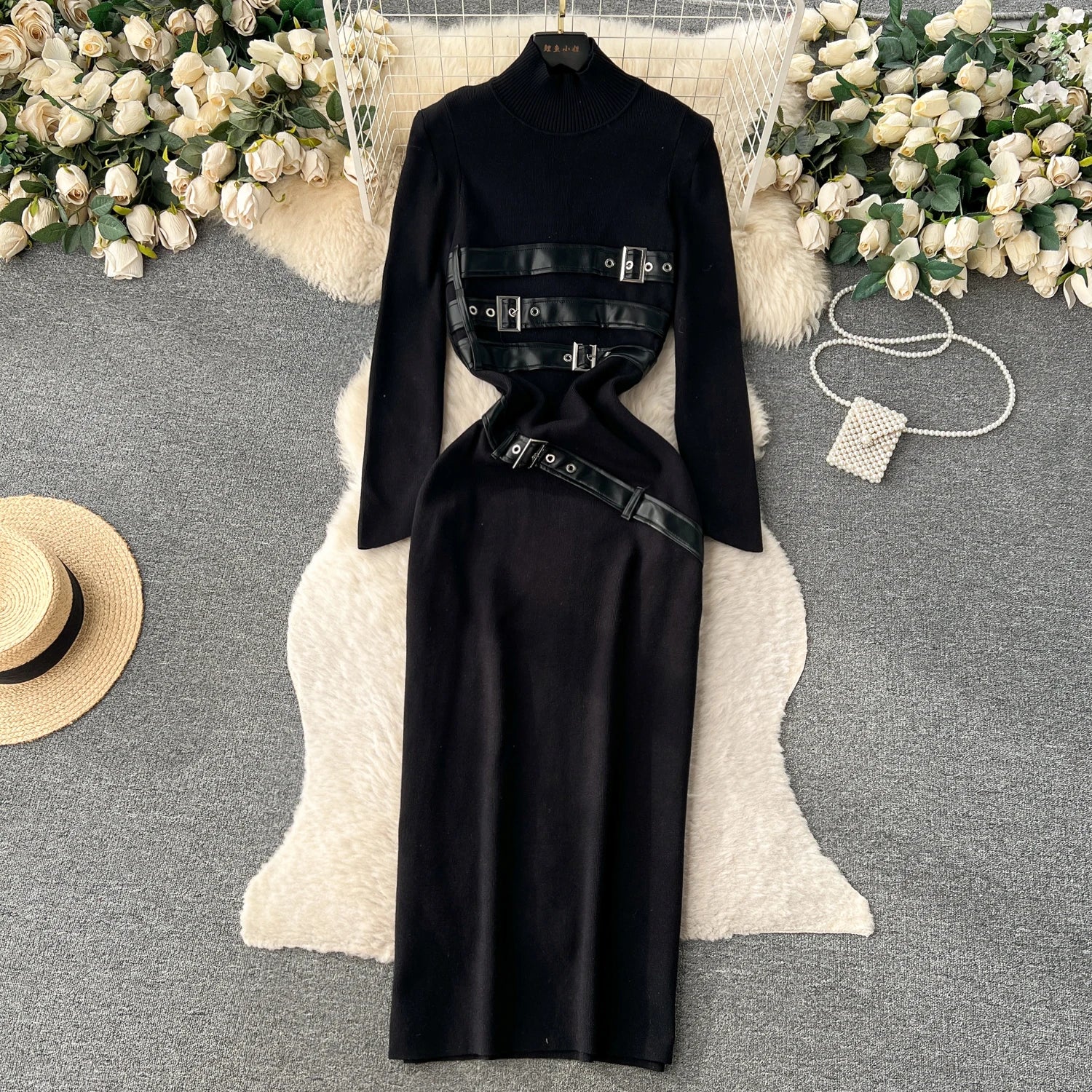 Women Beige Workwear Style Design Knit Dress Autumn Winter 2023 New Casual Half High Collar Black Pullover Office Lady Dress Y2k