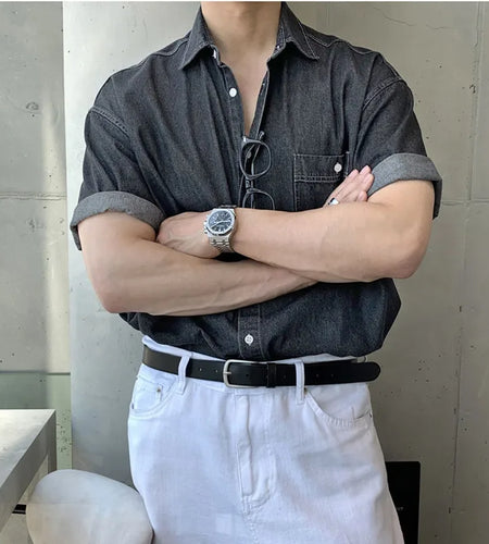 Men's Shirts Short Sleeve New Korean Simple Denim Top Casual Turn-down Collar Single Breasted Tredny Male Clothing 9W1821