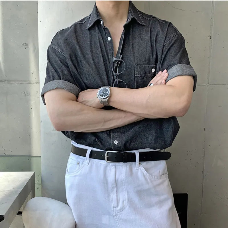 Men's Shirts Short Sleeve New Korean Simple Denim Top Casual Turn-down Collar Single Breasted Tredny Male Clothing 9W1821