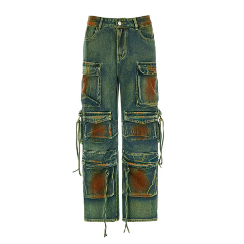 Load image into Gallery viewer, Grunge Streetwear Tie Dye Y2K Cago Pants Female Baggy Jeans Multi Pockets Distressed Vintage Straight Trousers Denim
