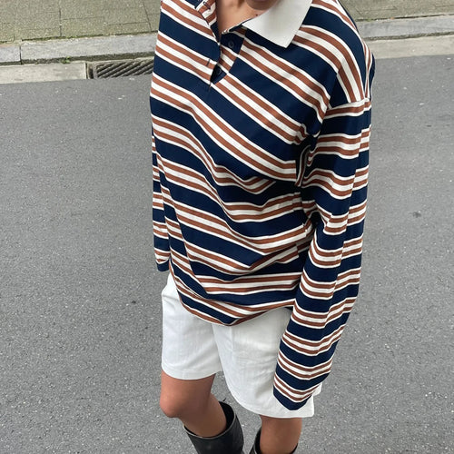 Load image into Gallery viewer, y2k Clothes Tops Women Fashion Striped Turn-down Collar Buttons Long Sleeve Loose T-shirts 2000s Clothing Streetwear
