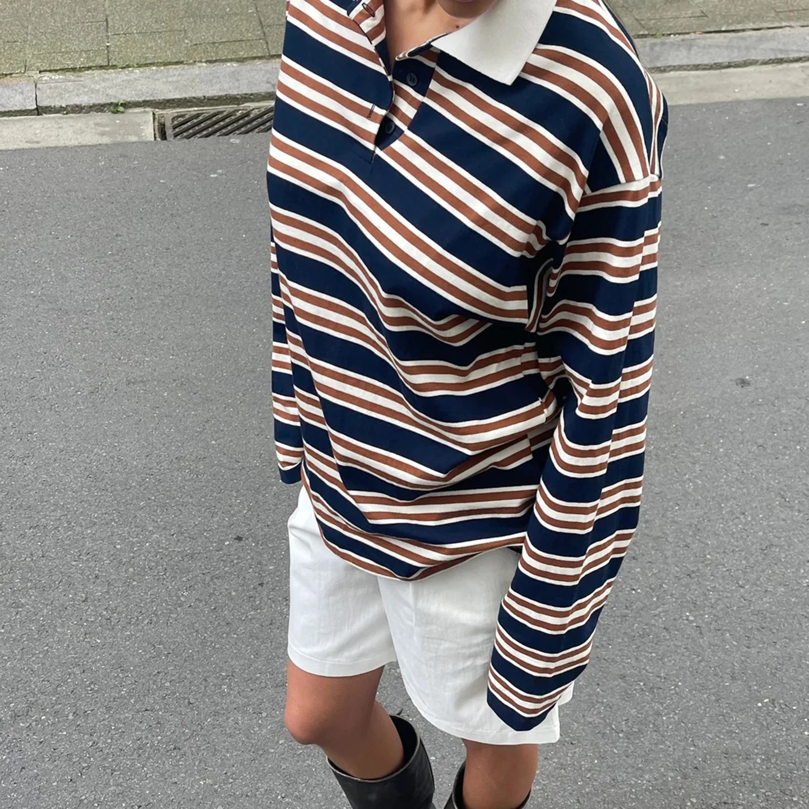 y2k Clothes Tops Women Fashion Striped Turn-down Collar Buttons Long Sleeve Loose T-shirts 2000s Clothing Streetwear