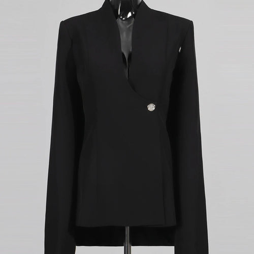 Load image into Gallery viewer, Solid Slimming Spliced Button Minimalist Jackets for Women V Neck Long Sleeves Temperament Jacket Female Clothing
