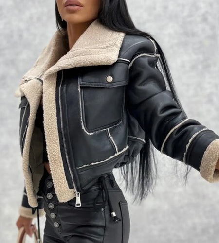 Winter Autumn Lambswool Coat Short Warm Faux Leather Motorcycle Jacket Coat Black Women's Blouse 2023