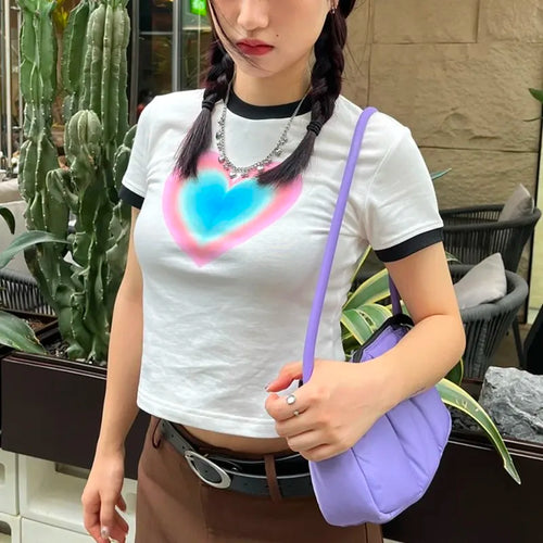 Load image into Gallery viewer, Y2k Aesthetics Tops Grunge Gradient Love Print T-shirt 2000s Fairycore Patchwork Tshirt Japanese Harajuku Crop Top 00s
