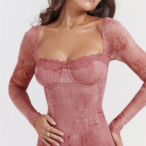 Load image into Gallery viewer, Square Collar Long Sleeve Print Sexy Midi Dress Women Autumn Winter New Bodycon Long Dresses Elegant Club Party Dress
