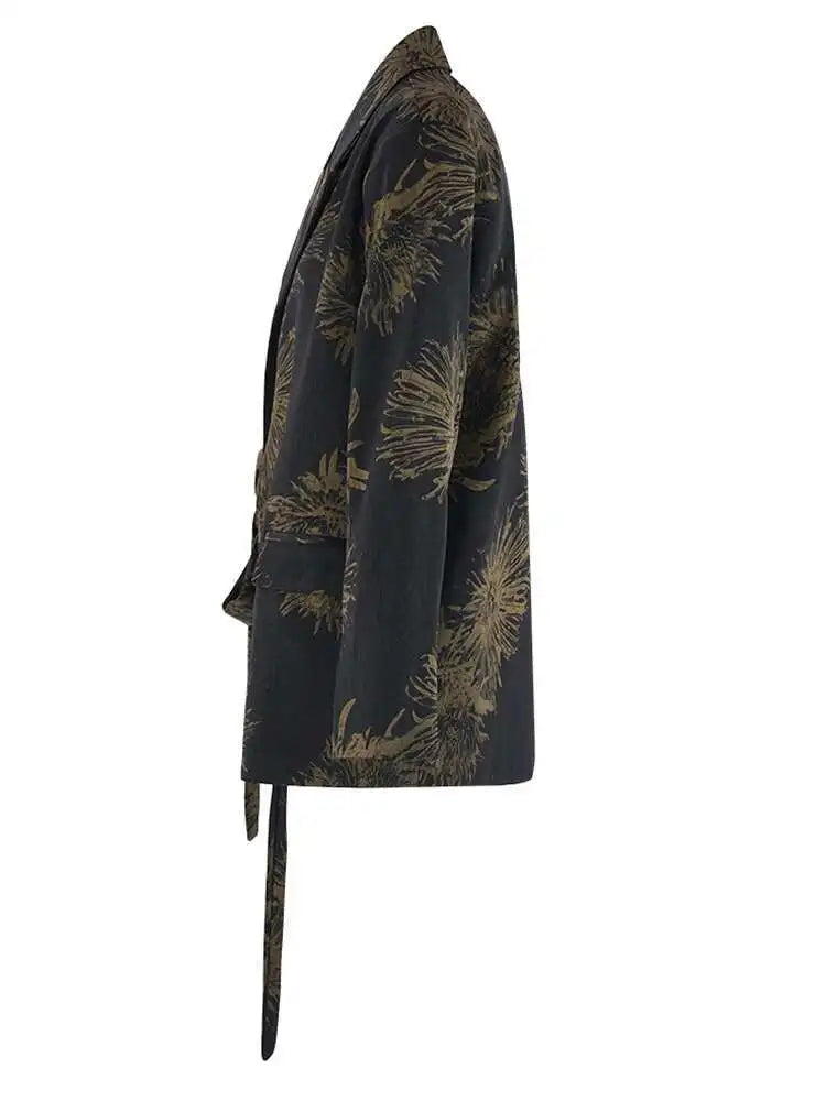 Women Black Pattern Printed Bandage Big Size Vintage Blouse New Lapel Long Sleeve Shirt Fashion Spring Autumn 2025 CPG2109