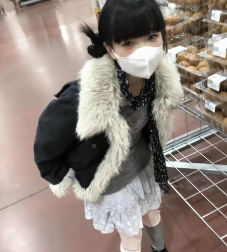 Y2k Aesthetics Black Denim Jacket Grunge Fairycore Jeans Fur Jacket 2000s Harajuku Winter Coat Patchwork Vintage Korean Coats