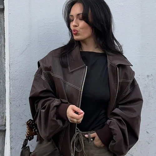 Load image into Gallery viewer, Autumn Women's Zipper Leather Bomber Jackets Casual Striped Coats Chic Lapel Loose Long Sleeve Motorcycle Outwear Top
