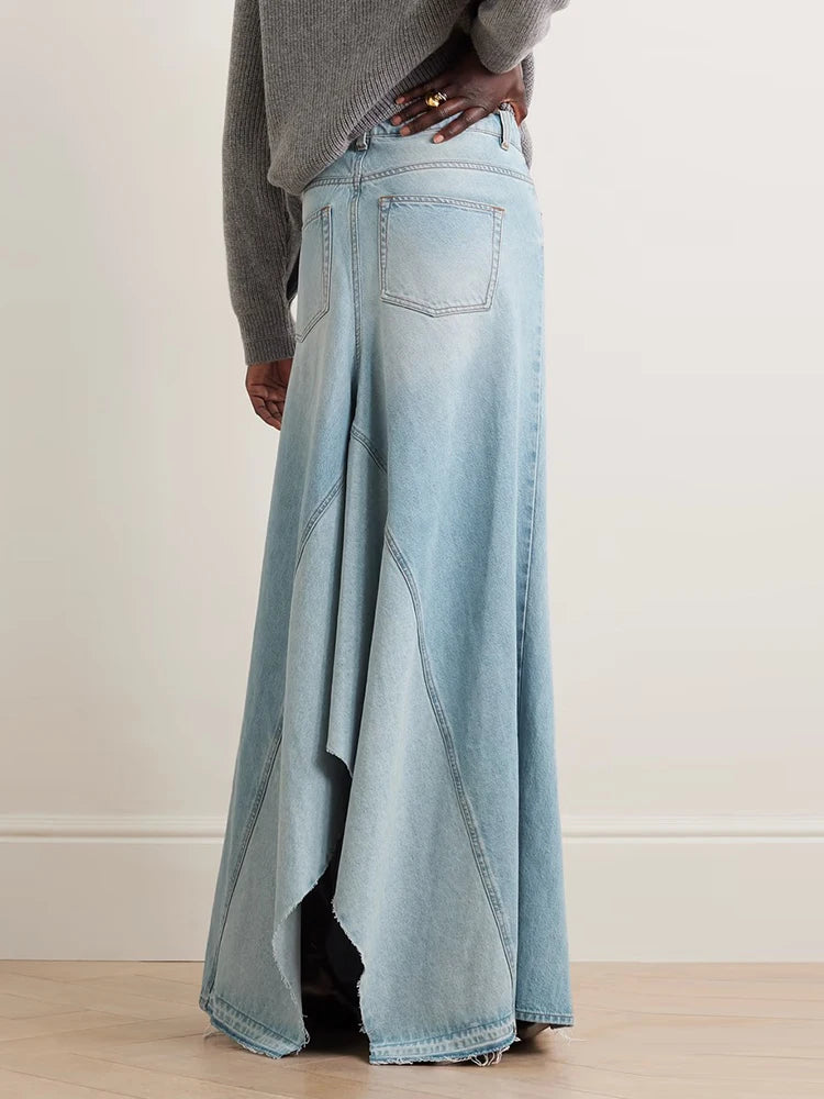 Patchwork Pockets Solid Casual Denim Skirts For Women High Waist Spliced Button Irregular Hem Chic Skirt Female Fashion