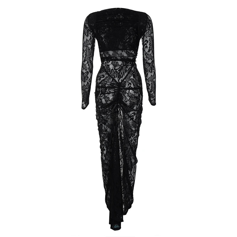 Lace Backless Sexy Maxi Dress For Women Gown Fashion Solid O Neck Long Sleeve Ruched Bodycon Club Long Dress Vestido