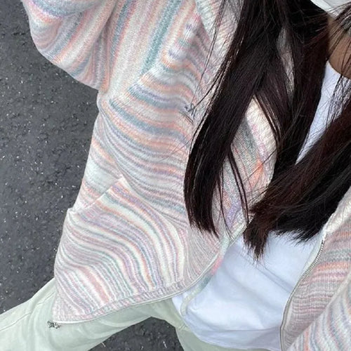 Load image into Gallery viewer, Japanese Y2k Rainbow Striped Kawaii Cardigans Women Autumn All Match Hooded Sweaters Loose Zipper Grunge Knitted Coat Pull Femme
