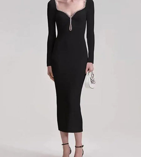 Autumn Winter Women's Solid Diamond Temperament Long Sleeved Dress French Square Neck Office Lady Knitwear Dress 2024 Simplicity