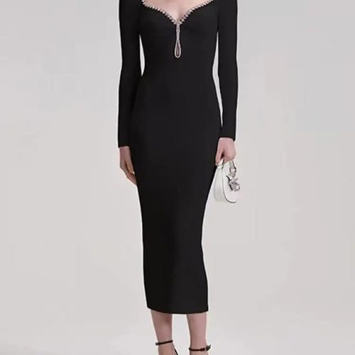 Load image into Gallery viewer, Autumn Winter Women's Solid Diamond Temperament Long Sleeved Dress French Square Neck Office Lady Knitwear Dress 2024 Simplicity
