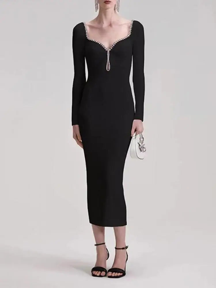 Autumn Winter Women's Solid Diamond Temperament Long Sleeved Dress French Square Neck Office Lady Knitwear Dress 2024 Simplicity