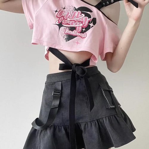 Load image into Gallery viewer, Sweet Cool Y2k Aesthetic Letter Print T-Shirts Irregular Off Shoulder Women Bandage Tshirts Hollow Out Harajuku Slim Cropped Top
