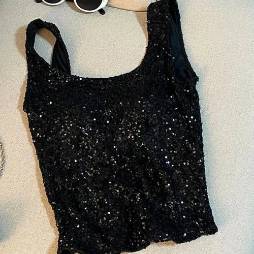 Load image into Gallery viewer, Vintage Black Beige Sequins Round Neck Backless Vest Women&#39;s 2024 Summer New Fashion Pink Elegant Sleeveless Tank Tops Vacation
