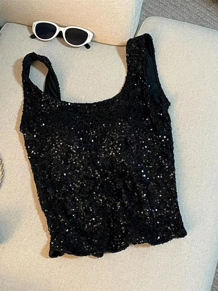 Vintage Black Beige Sequins Round Neck Backless Vest Women's 2024 Summer New Fashion Pink Elegant Sleeveless Tank Tops Vacation