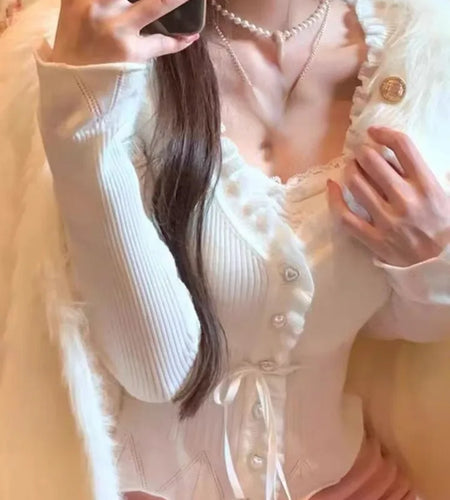 Fake Two Pieces Women Gentle Crop Cardigans Y2k Aesthetic Sweet Single Breasted Sweaters Sweet Bandage Slim Fit Grunge Knitwear