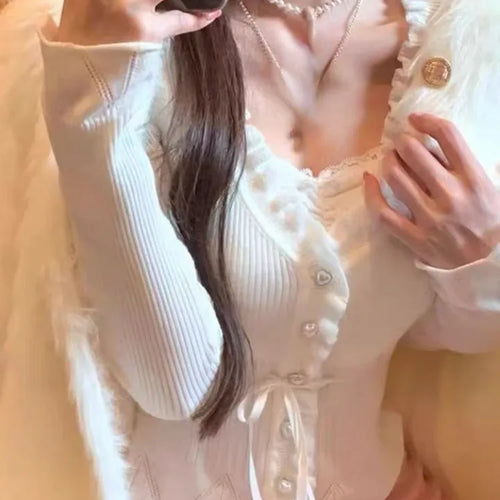 Load image into Gallery viewer, Fake Two Pieces Women Gentle Crop Cardigans Y2k Aesthetic Sweet Single Breasted Sweaters Sweet Bandage Slim Fit Grunge Knitwear
