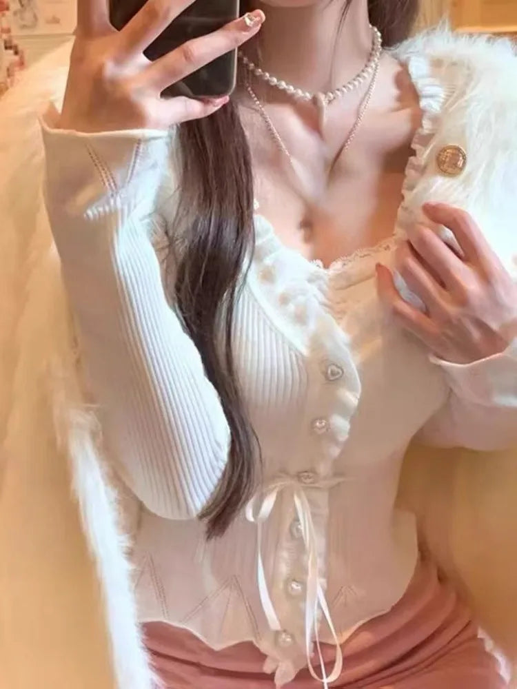 Fake Two Pieces Women Gentle Crop Cardigans Y2k Aesthetic Sweet Single Breasted Sweaters Sweet Bandage Slim Fit Grunge Knitwear