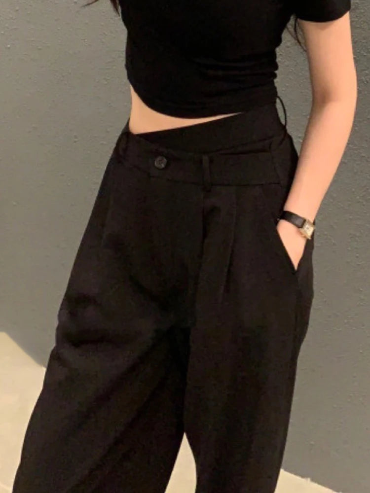 Casual Wide Leg Pants For Women High Waist Patchwork Asymmetrical Solid Minimalist Trousers Female Autumn Clothing