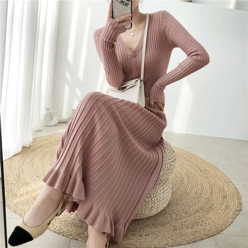 Elegant Knitted Long Dress Women Flare Sleelve V Neck Ruffles Single Breasted Bodycon Dresses Party Fashion Office Lady Vestidos
