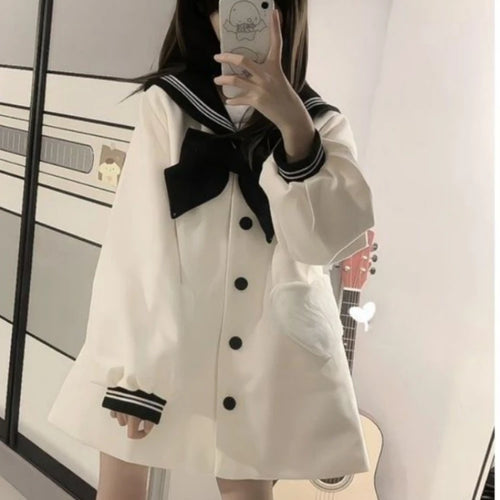 Load image into Gallery viewer, Kawaii Bow Sailor Collar Coat Women Y2k Aesthetic Single Breasted Jackets Sweet JK Lolita Trench Blends Coats Femme Autumn 2025
