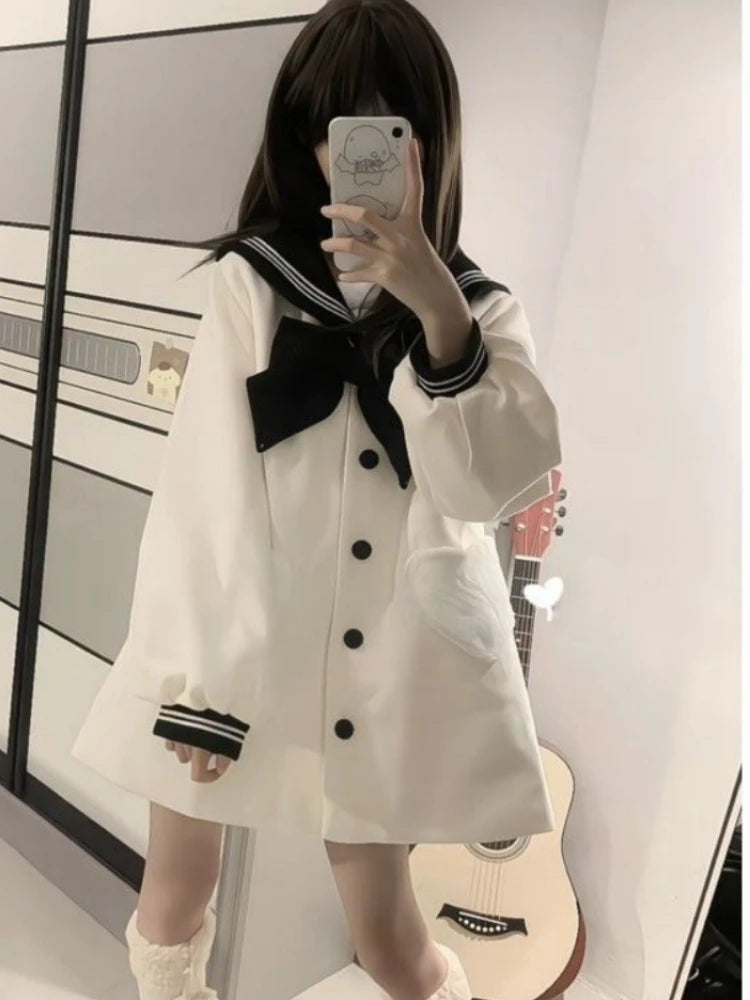 Kawaii Bow Sailor Collar Coat Women Y2k Aesthetic Single Breasted Jackets Sweet JK Lolita Trench Blends Coats Femme Autumn 2025