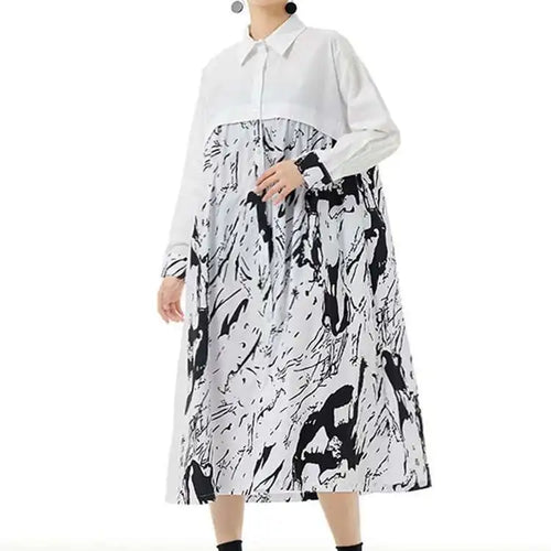 Load image into Gallery viewer, Women White Pattern Printed Big Size Casual Shirt Dress New Lapel Long Sleeve Fashion Tide Spring Autumn 2025 1DH4823
