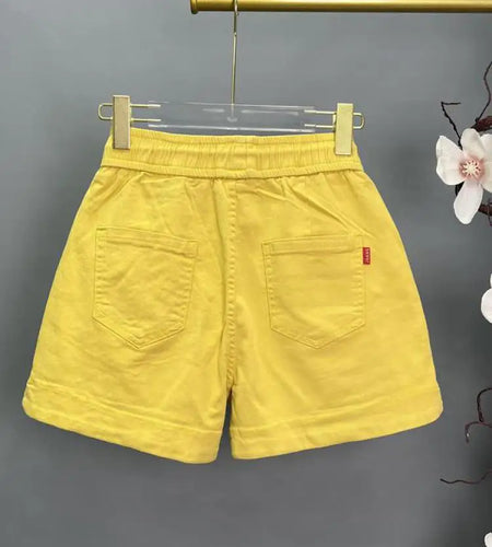 Korean Vintage 2024 Women Casual Yellow Diamond Denim Shorts Autumn High Waist Drawstring Lace-up Wide Leg Jean Short Pant Trend