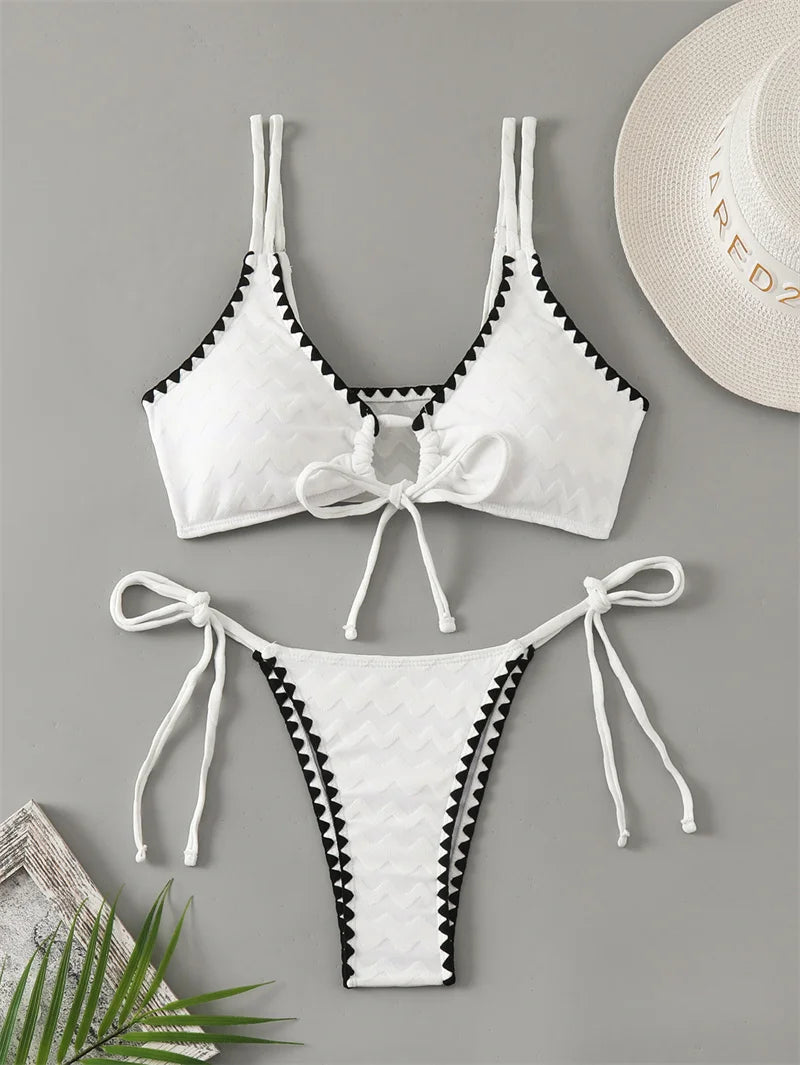 White Drawstring Swimwear Bandage Bikini Sets 2024 Sexy Women Swimsuit Brazilian Biquini Bathing Suit