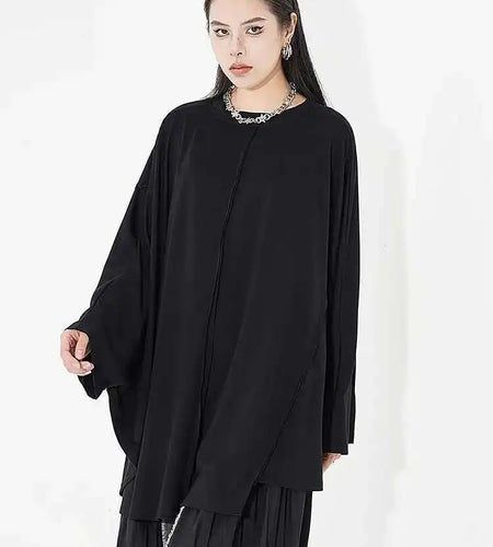 Women Black Big Size Brief Casual T-shirt New Round Neck Long Batwing Sleeve Fashion Tide Spring Autumn 2025 1DH5081