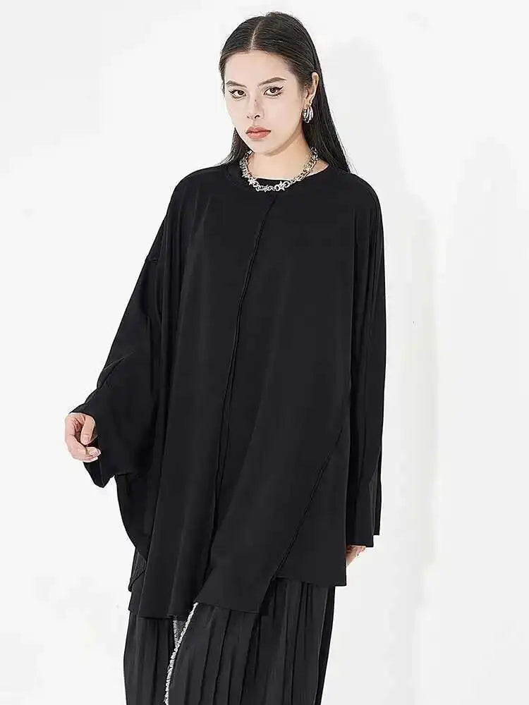 Women Black Big Size Brief Casual T-shirt New Round Neck Long Batwing Sleeve Fashion Tide Spring Autumn 2025 1DH5081