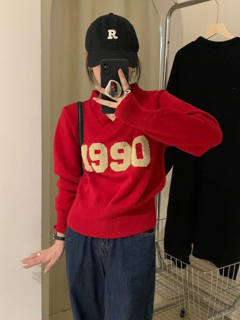 Autumn Y2k Aesthetic Harajuku Letter Patchwork Pullovers Womens Casual Sweater Sweet Vintage Grunge Crop Tops V Neck Streetwear