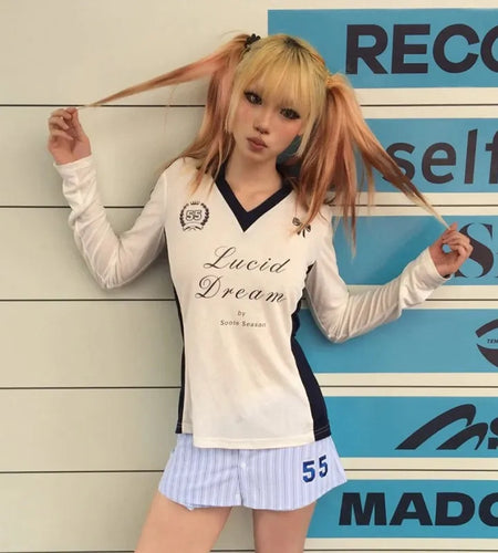 Japanese Y2k Jersey T-shirt Trashy 2000s Style Long Sleeve Sheer Tops Vintage Harajuku Transluce V-neck Tshirt Blokecore