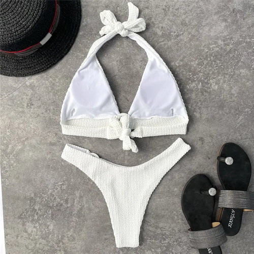 Load image into Gallery viewer, Halter Female Thong Swimsuit Pit Fabric Sexy Ring Decor Swimwear Women Brazilian Biquini High Cut Bikini Set
