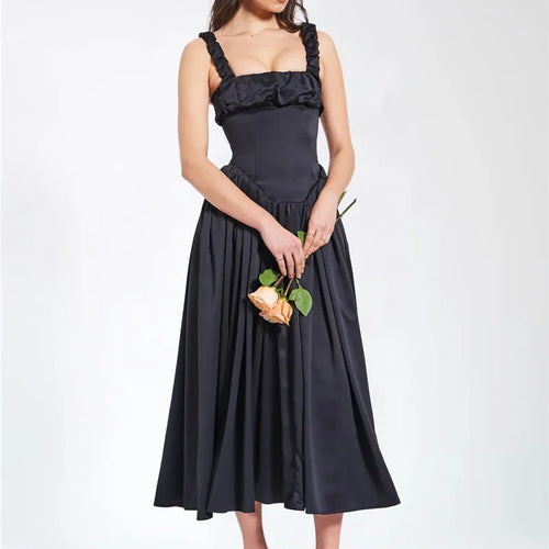 Load image into Gallery viewer, Elegant Satin Backless Midi Dress For Women High Quality Sundress Fashion Square Collar Sleeveless Loose Pleated Dress
