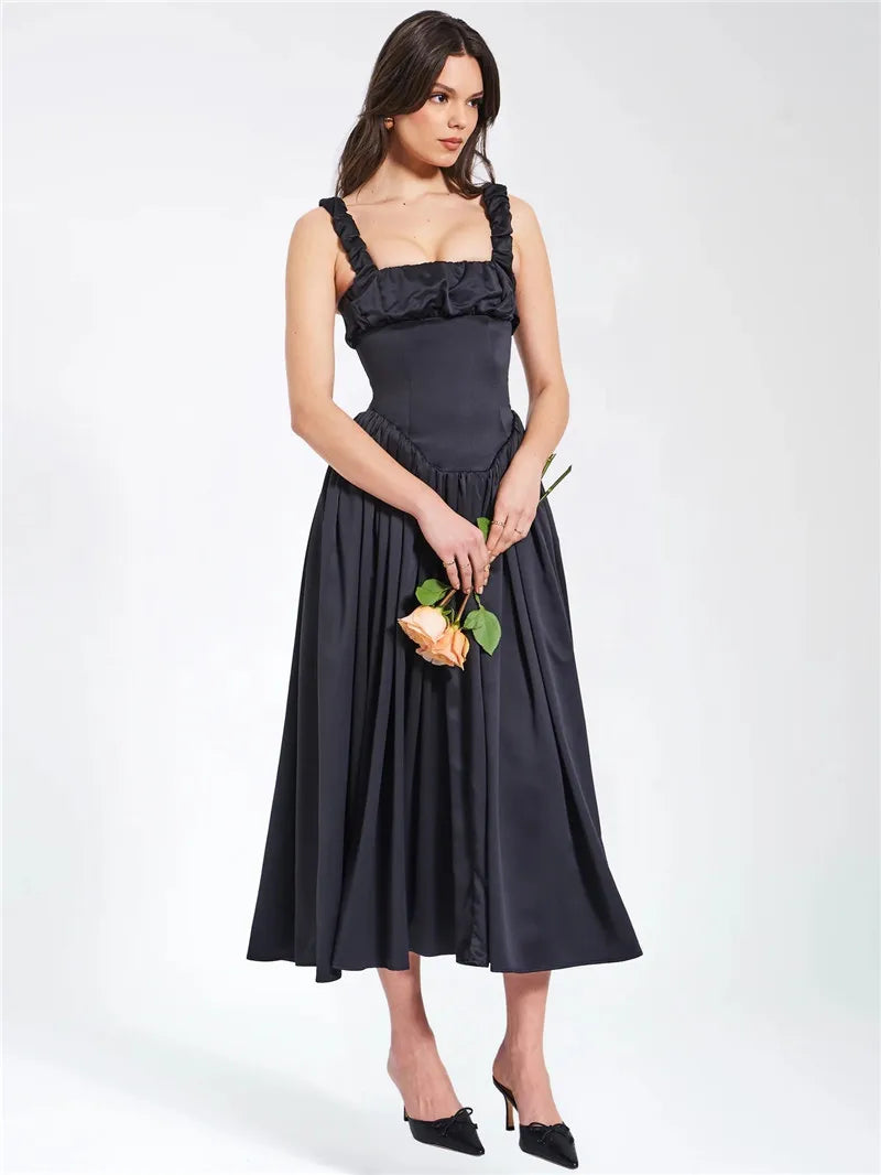 Elegant Satin Backless Midi Dress For Women High Quality Sundress Fashion Square Collar Sleeveless Loose Pleated Dress