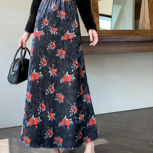Load image into Gallery viewer, Retro Brown Floral Elegant Party Long Skirt Black Print Elastic High Waist Velvet Skirts Autumn Winter All-match Fashion Women
