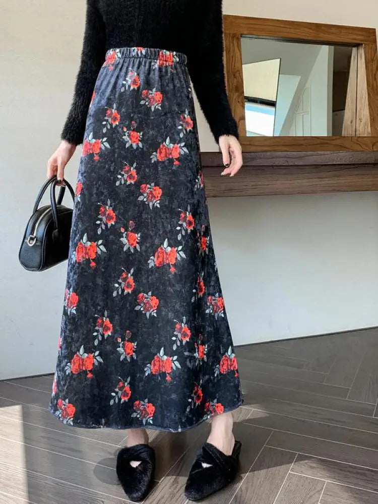 Retro Brown Floral Elegant Party Long Skirt Black Print Elastic High Waist Velvet Skirts Autumn Winter All-match Fashion Women
